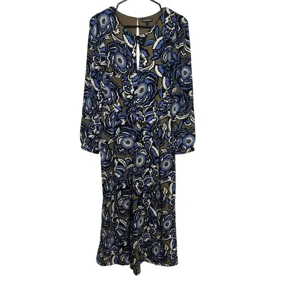 NWT Express Blue Brown Floral Cropped Wide Leg Jumpsuit Size 4 Pockets - Picture 2 of 11